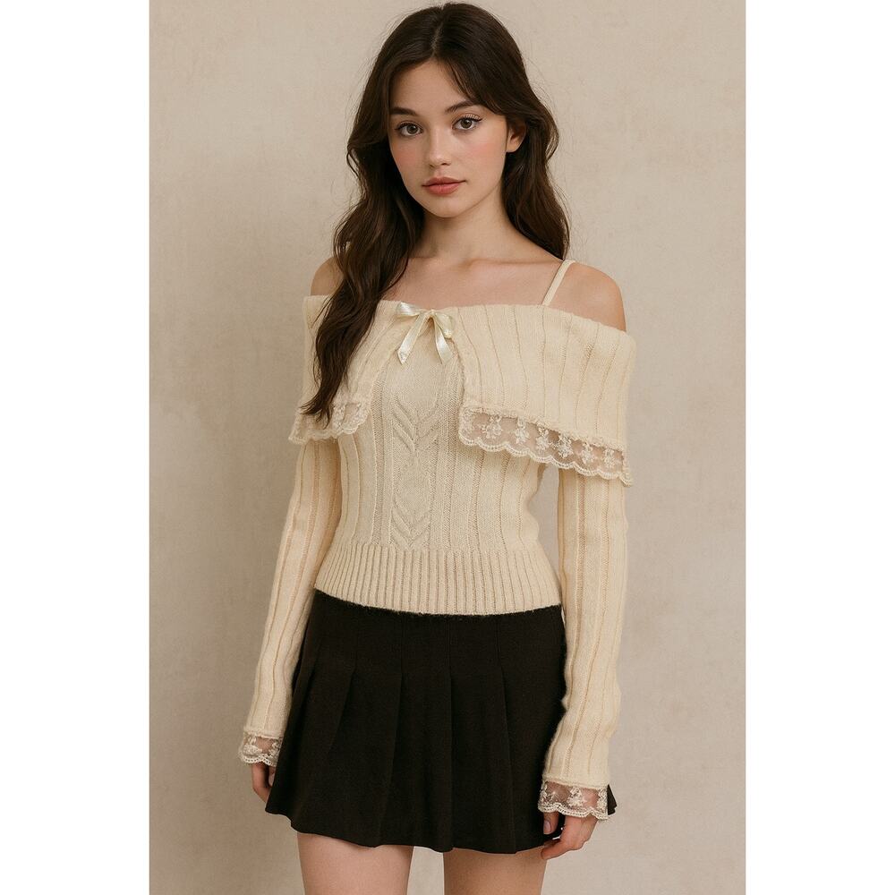 Retro Coquette Feminine Pullover Ribbed‎ Sweater M Lace Ruffle Stretch Cottage